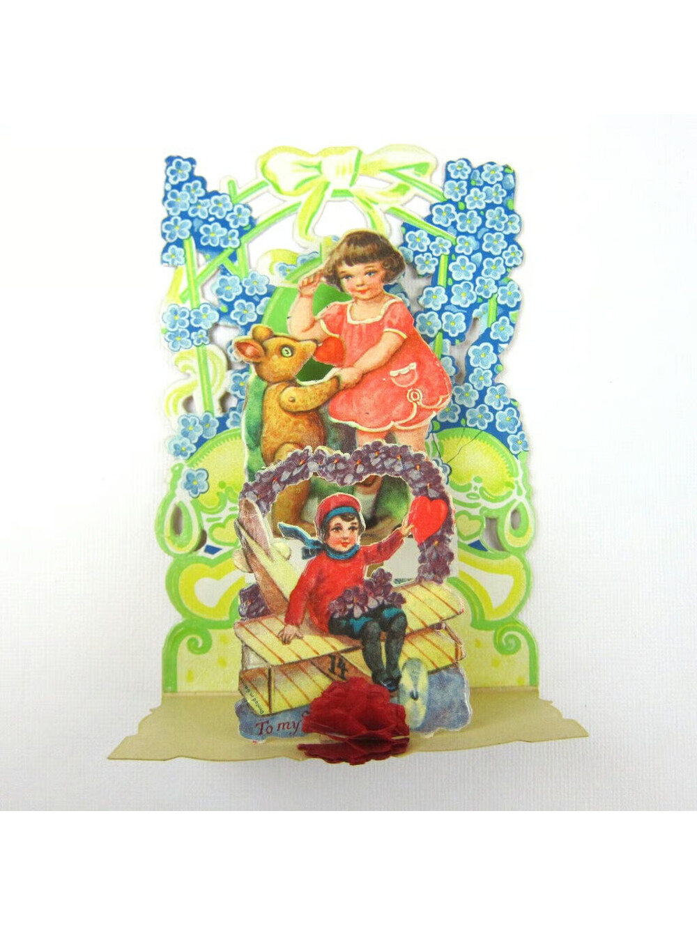 Vintage Valentine Honeycomb 3D Pop Up Die Cut Girl Pink Dress Boy Blue Flowers
